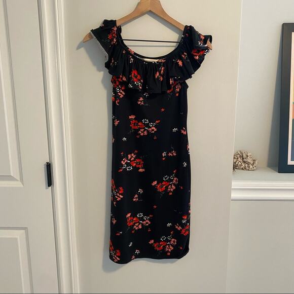 Rebecca Taylor Black Red Floral Cotton Ruffle Bodycon Mini Dress XS - Picture 9 of 12